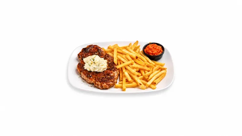 Pljeskavica s kajmakom i pommes frites